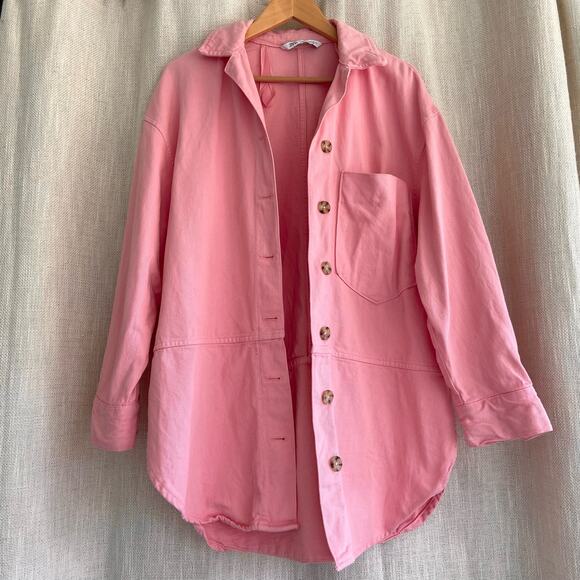 Zara Oversized Pink Denim Jacket Jean Shacket Button Front Medium - Picture 2 of 13